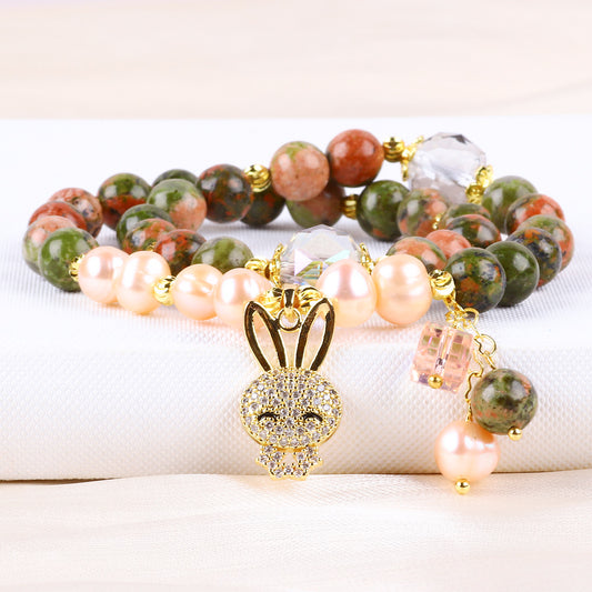 8MM Multi-Layer Unakite Bead with Rabbit Natural Handmade Crystal Bracelet FJHMURB001