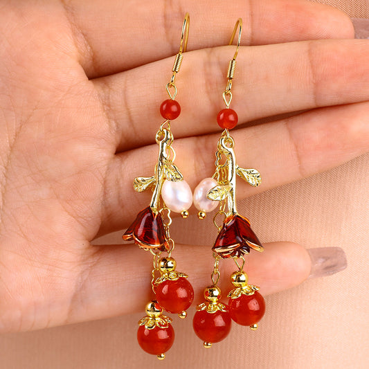 Red Agate Bead with Flower chain Natural Handmade Crystal Earrings FJHRAE001