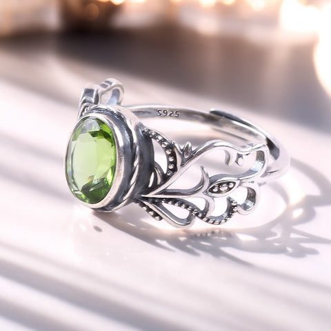 S925 Silver Natural Adjustable Peridot Oval  Macrame Gemstone Ring FJPR002