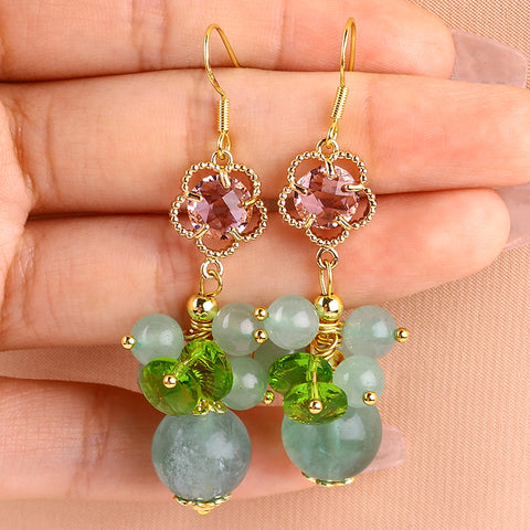 Fluorite Bead with Clover Natural Handmade Crystal Earrings FJHFCE001