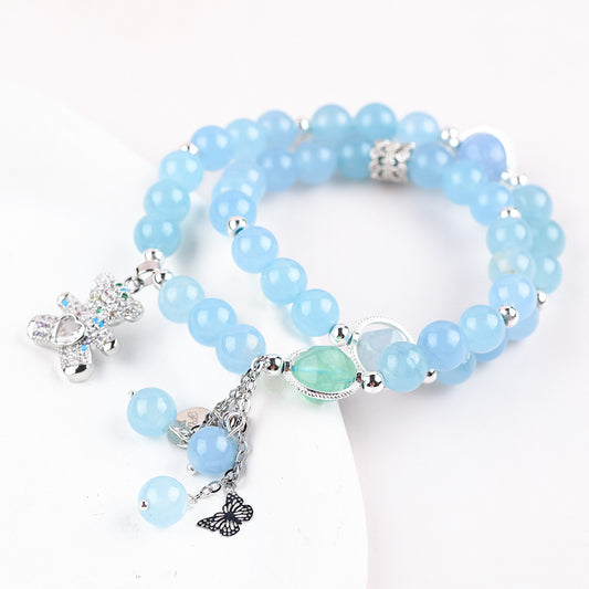 8MM+10MM Multi-Layer Aquamarine Chalcedony Bead With Bear Natural Handmade Crystal Bracelet FJHMACB001