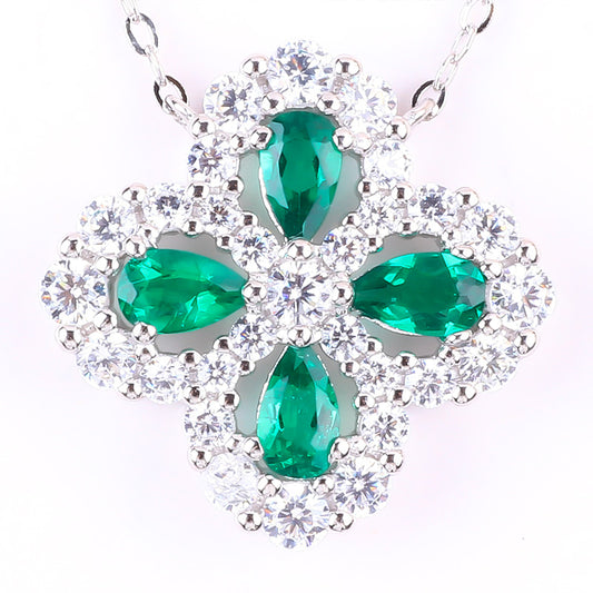 S925 Silver Lab Grown Gemstone Emerald Four-Leaf Clover Necklace FJLEFN001