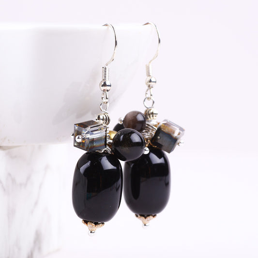 23g/pc Black Obsidian Bead Natural Handmade Crystal Earrings FJHBOE001