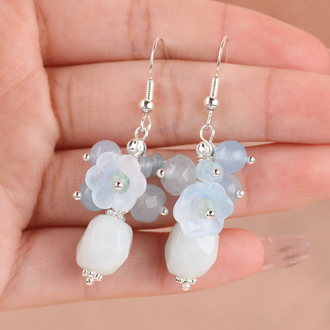 10g/pc Aquamarine Bead With Flower Natural Handmade Crystal Earrings FJHMAE001