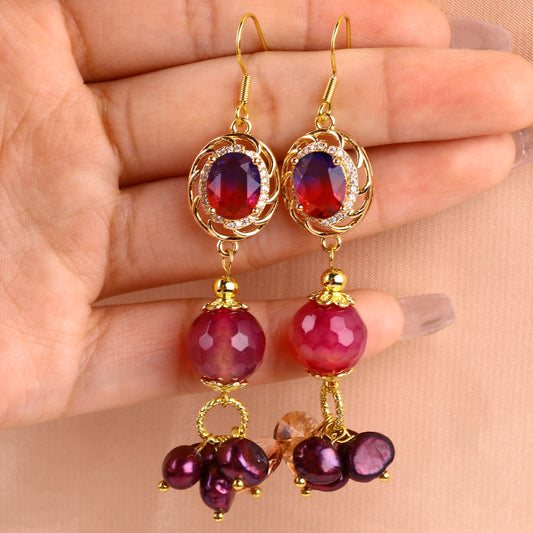 Rose Striped Agate Beads with Rose Baroque Pearls Natural Handmade Crystal Earrings FJHRSE001