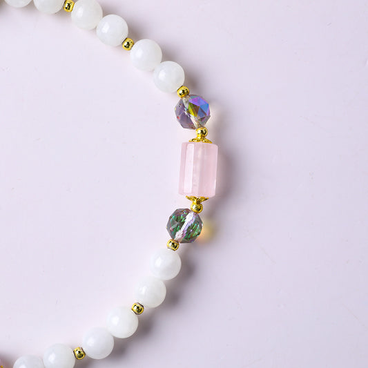 10MM+12MM White Jade Pink Quartz With Amethyst Bead Multi-Layer Natural Handmade Crystal Bracelet FJHMWJB001