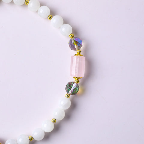 10MM+12MM White Jade Pink Quartz With Amethyst Bead Multi-Layer Natural Handmade Crystal Bracelet FJHMWJB001