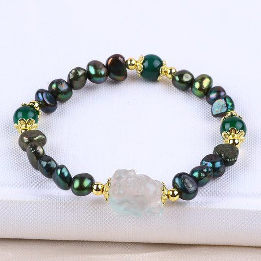 8MM Green Pearl With Fox Bead Natural Handmade Pearl Bracelet FJHPFGB001