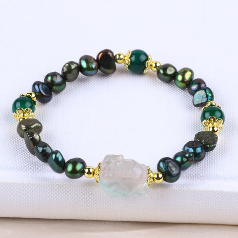 8MM Green Pearl With Fox Bead Natural Handmade Pearl Bracelet FJHPFGB001