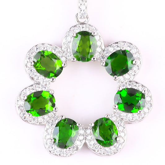 S925 Silver Natural Diopside Flower Gemstone Necklace FJDN001