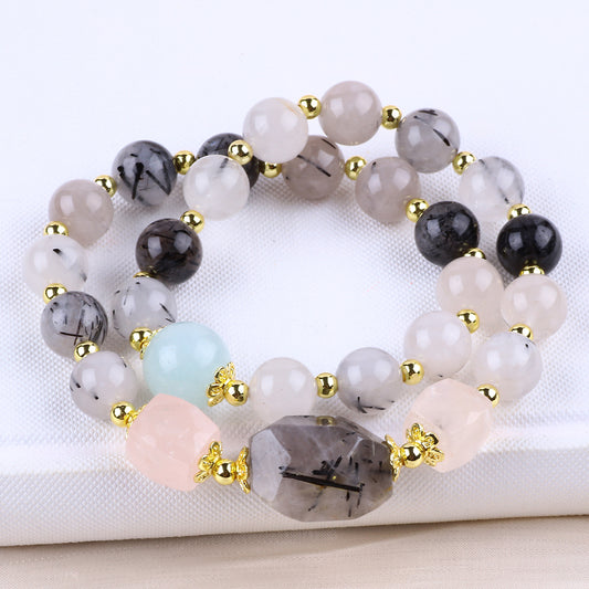 10MM+12MM Black Rutilate Quartz  Multi-Layer Bead Natural Handmade Crystal Bracelet FJHMBQB001