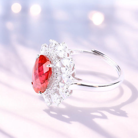 S925 Silver Lab Grown Gemstone Ruby Oval Flower Ring FJLRR001