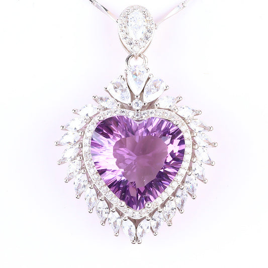 S925 Silver Natural Amethyst Heart Gemstone Necklace FJAN001