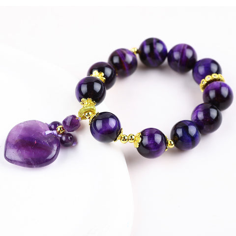 14MM Dark Amethyst Bead with Purple Heart Natural Handmade Crystal Bracelet FJHDABB001