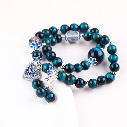 8MM+14MM Multi-Layer Blue Tiger Eye Bead With Heart Natural Handmade Crystal Bracelet FJHMBTEB001