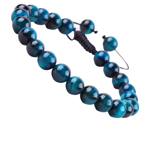 8MM Blue Tiger Eye Round Beads Natural Handmade Crystal Adjustable Braided Macrame Tassels Bracelet FJHBRB001