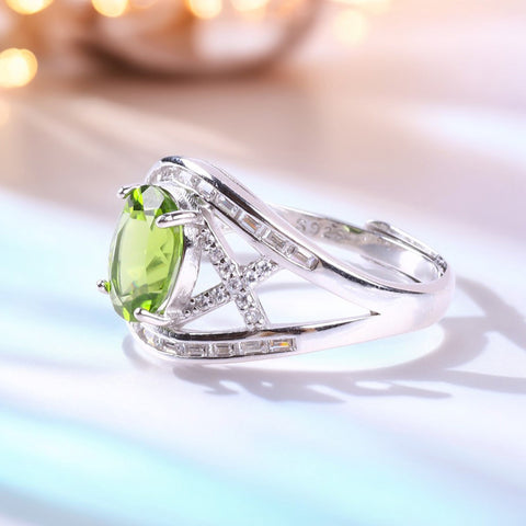 S925 Silver Natural Adjustable Peridot Fashion Gemstone Ring FJPR005