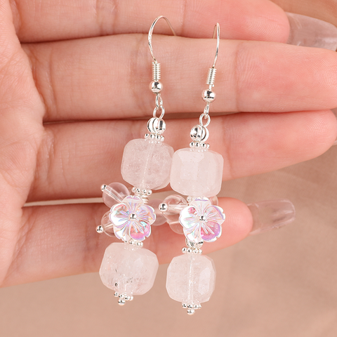 12g/pc Clear Quartz Bead With Flower Natural Handmade Crystal Earrings FJHMCQE001