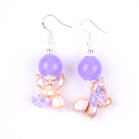 15.5g/pc Purple Chalcedony Bead with Pink Baroque Pearls Natural Handmade Crystal Earrings FJHPCE001