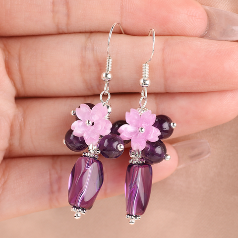 10g/pc Amethyst Bead With Flower Natural Handmade Crystal Earrings FJHMAFE001