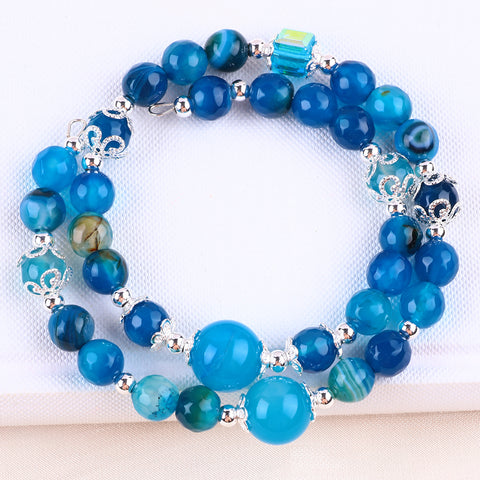 8MM Blue Striped Agate Bead Natural Handmade Crystal Bangle FJHDBAB001