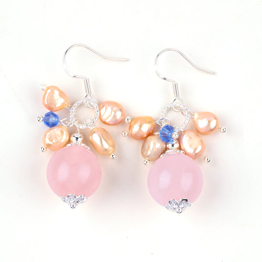 13g/pc Rose Quartz with Pearl Bead Natural Handmade Crystal Earrings FJHPRE001