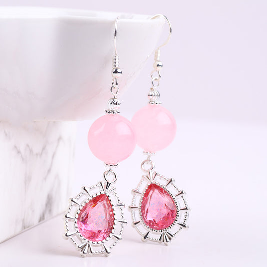 21g/pc Rose Quartz Bead Water Drop Natural Handmade Crystal Earrings FJHRQE001