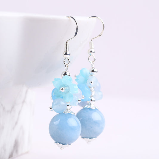 19g/pc Aquamarine Bead With Flower Natural Handmade Crystal Earrings FJHMABE001