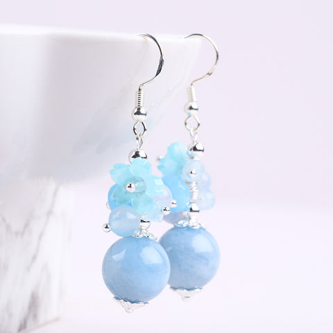 19g/pc Aquamarine Bead With Flower Natural Handmade Crystal Earrings FJHMABE001