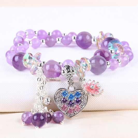 8MM Multi-Layer Purple Bead with Heart Natural Handmade Crystal Bracelet FJHMPHB001