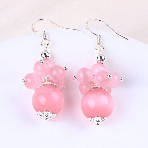 10g/pc Pink Cat's Eye Flower Bead Natural Handmade Crystal Earrings FJHPE001