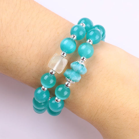 10MM+14MM Green Cat's Eye Multi-Layer Bead Natural Handmade Crystal Bracelet FJHMG001