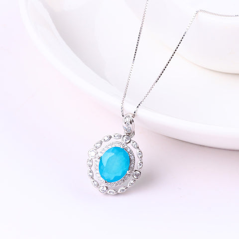 S925 Silver Natural Blue Opal Gemstone Necklace FJON001