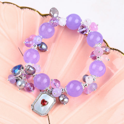 14MM Purple Chalcedony Bead with Pearl and a Red Heart in Rectangle Natural Handmade Crystal Bracelet FJHPCBB001