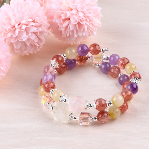 8MM Strawberry Amethyst Blonde Bead Natural Handmade Crystal Bangle FJHDSAB001