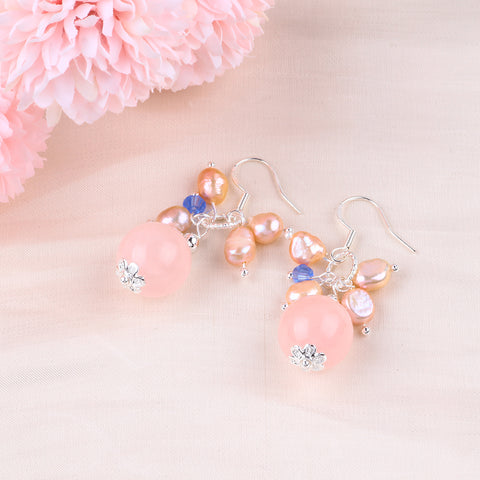 13g/pc Rose Quartz with Pearl Bead Natural Handmade Crystal Earrings FJHPRE001