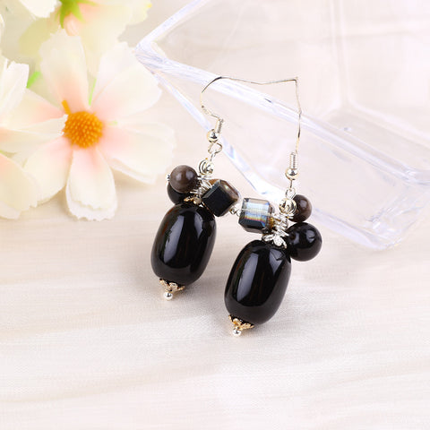 23g/pc Black Obsidian Bead Natural Handmade Crystal Earrings FJHBOE001