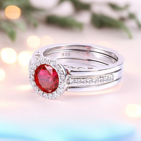 S925 Silver Lab Grown Gemstone Ruby Circle Ring FJLRR003