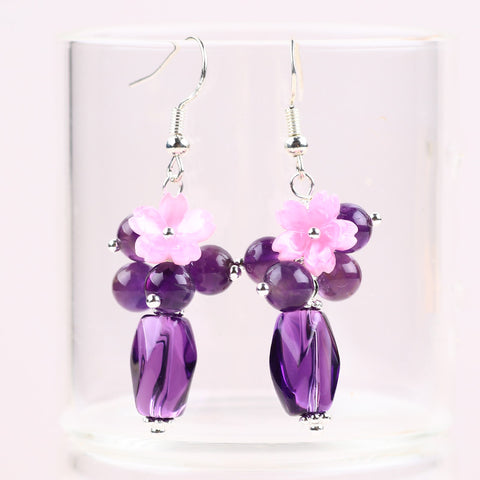 10g/pc Amethyst Bead With Flower Natural Handmade Crystal Earrings FJHMAFE001