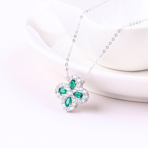 S925 Silver Lab Grown Gemstone Emerald Four-Leaf Clover Necklace FJLEFN001