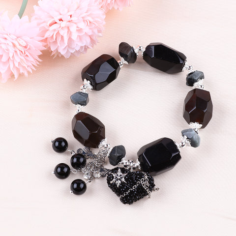 Black Obsidian Raw Bead Natural Handmade Crystal Bracelet FJHORB001