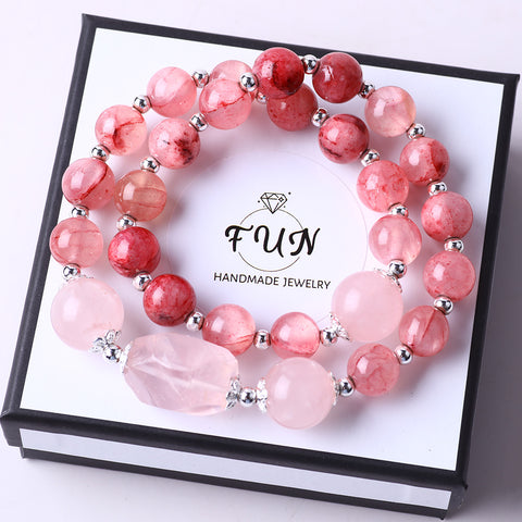 10MM+14MM Pink Afghan Jade Bead Multi-Layer Natural Handmade Crystal Bracelet FJHMPB001