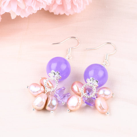 15.5g/pc Purple Chalcedony Bead with Pink Baroque Pearls Natural Handmade Crystal Earrings FJHPCE001