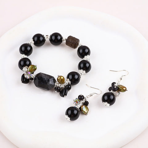 Black Obsidian Bead Natural Handmade Crystal Set including Earring and Bracelet FJHBOS001