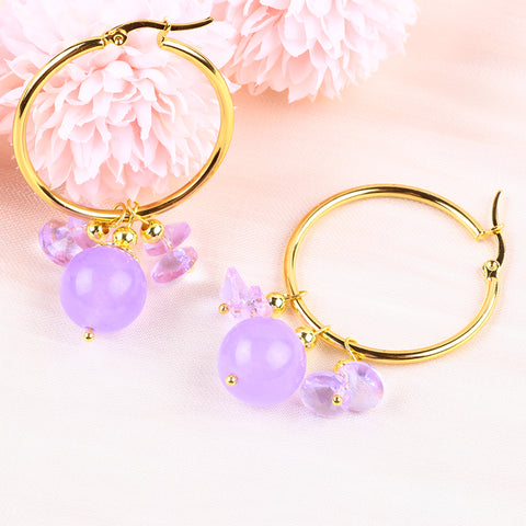 16g/pc Purple Chalcedony Bead Hoops NaturalHandmade Crystal Earrings FJHHPE001