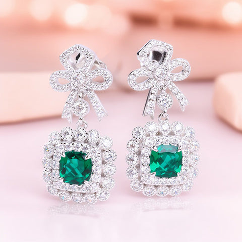 S925 Silver Lab Grown Gemstone Emerald  Flower Square Stud Earrings FJLEE003