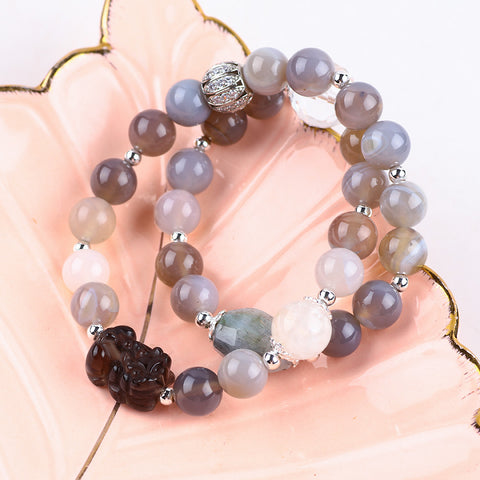 10MM+12MM+14MM Multi-Layer Gray Agate Bead With PiXiu Natural Handmade Crystal Bracelet FJHMGAB001