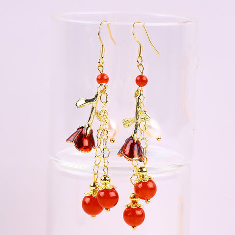 Red Agate Bead with Flower chain Natural Handmade Crystal Earrings FJHRAE001