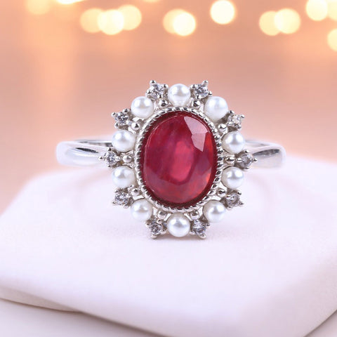 S925 Silver Natural  Adjustable Ruby Pearl Gemstone Ring FJRR005