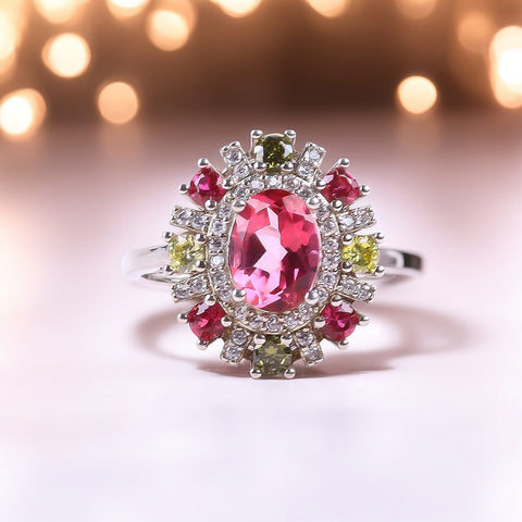 S925 Silver Natural Adjustable Oval Pink Topaz Flower Gemstone Ring FJTR004